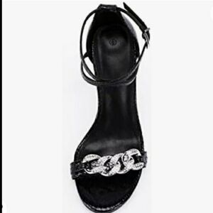Coutgo Ankle Buckle Cross Strap Stiletto Sandals with Metal Chain Black Size 7